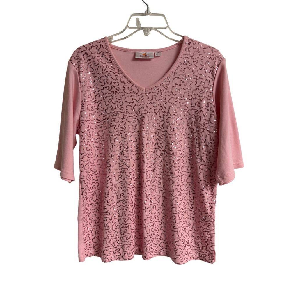 Quacker Factory Pink Sequin V-Neck Short Sleeve Top Women Medium Sparkle Knit